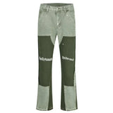 FOESCE European and American high street men's washed jeans retro personalized straight-leg splicing flared pants trendy denim trousers