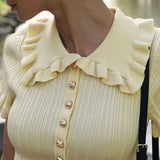 FOESCE Talenza Knitted Elegant Ruffle Mini Dress Women's Retro Single Breasted Dress Sexy Short Sleeve Solid Color Slim Fit Mini Dress