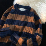FOESCE Striped Sweater Men's 2025 Autumn and Winter New Splice Pullover O-Neck Fashion Loose Minimalist Casual Long Sleeved Knitted Top