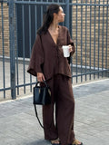 FOESCE Women Casual Brown Cotton Linen Shirt Pants Suit Fashion Single Breasted Blouses Elastic Waist Pant Set 2025 Spring Loose Outfit
