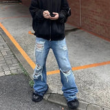 FOESCE Distressed Vintage Hole Ripped Blue Flare Jeans Pants for Men and Women Streetwear Casual Baggy Denim Trousers Oversized Cargos