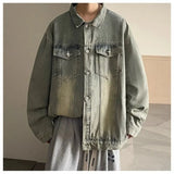 Versatile Fashion Atutumn Winter Men's Solid Casual Loose Pockets Denim Jacket Retro Coat Cool Boys Patchwork Pockets