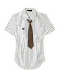 FOESCE Summer Women Preppy Style Slim Striped Shirts With Tie Short Sleeve Blouses Japanese Fashion JK Top 2000s Aesthetic Y2k Vintage