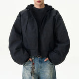 FOESCE American Retro Street Fake Two-Piece Solid Color Pu Leather Jacket Men 2025 Spring Autumn Fashion Y2k Hooded Baseball Jacket Men