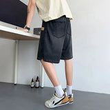 FOESCE Summer New Casual Wide Denim Shorts Men's Baggy Fashion Elastic Waist Drawstring Straight Short Jeans StreetWear men clothing
