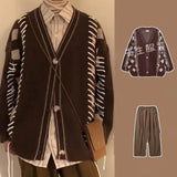 FOESCE Loose Knitted Sweater Set Men Women Vintage Patchwork Sweater Cardigan +High Street Wide Legs Loose Lantern Jeans Two-piece Sets