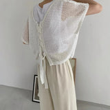 FOESCE 2025 Korean Version Strappy Hollow Casual All-match Blouse Top Mens Sexy Mesh Sweater Front and Back Two-wear Bat Sleeve T-shirt