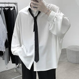 FOESCE Korean Style Men's Long-sleeved Shirts Black Tie Cozy Casual Solid Oversize Blouses Breathable Loose Shirt Harajuku Male Clothes