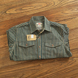 FOESCE Retro Waed Distred Blue Vertical Stripes Trendy Men's Long Sve Denim irt Loose American Sle Workwear Jaet