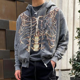 Foesce Men Hoodie Y2k Skull Korean Harajuku Y2k Zip Up Texture Hooded Sweatshirt Casual Fashion Long Sleeve Vintage Pocket Sweatshirt