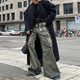 FOESCE Mens Streetwear Y2k Heavy Craft Washed Flared Jeans Hip Hop Distressed Denim Pants Women Slim Straight Tassel Jeans Raw Edge
