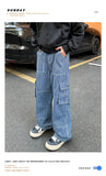 FOESCE Spring New Men Cargo Jeans Baggy  American High Street Multi-pocket Youth Overalls Fashion Streetwear Vintage Wide Leg Pants