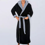 FOESCE Men Nightgown Hooded Long Sleeve Color-Blocked Thickened Plush Robe Lace-up Belt Long Style Thermal Insulation Loungewear