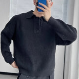 FOESCE American Summer Men's 2025 New Spliced Turn-down Collar Button Fashion Solid Loose Versatile Casual Long Sleeve Knitted Top