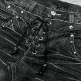 FOESCE Y2K High Waisted Jeans vintage Embroidery high quality  Double Waisted Lace Up Women Jeans Goth Design Sense Trousers streetwear
