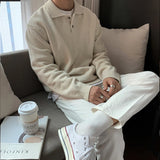 Casual Turn-down Collar Jumpers Fashion 2024 Button-up Knitted Polo Shirts Men Clothing Winter Solid Color Long Sleeve Sweater