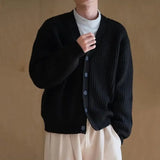 FOESCE Winter Fall Men Cardigan Sweater Thick Single-breasted V Neck Buttons Knitted  Sweater Coat Solid Color Elastic Casual Sweater