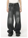 Street Fashion American Retro Black Gray Denim Pants New Trendy Denim Zipper Wide Leg Loose Straight Leg Pants