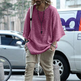 FOESCE Long Sleeve O-neck T-shirt Men's Casual Loose Top Thin Solid Color Men's Knitted Street Style Pullover T-shirt Men's Clothing