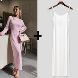 FOESCE Spring Autumn O-Neck Elastic Knit Long Dresses Women 2025 Elegant Chic Soft Lady Hollowing Sweater Dresses Femme New