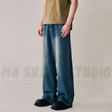 FOESCE Spring Autumn Men's New Denim Pants Old Blue Washed Casual Jeans Menwear Loose New Fashion contrasting color Wide Leg Trousers