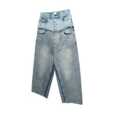 FOESCE  Double-layer Double Waist Patchwork Baggy Jeans for Men and Women Straight Casual Loose Denim Trousers Oversized