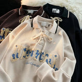 American waffle sweatshirt women's design lapel POLO shirt spring and autumn loose top retro Harajuku casual y2k ins emo