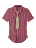 FOESCE Summer Women Preppy Style Slim Striped Shirts With Tie Short Sleeve Blouses Japanese Fashion JK Top 2000s Aesthetic Y2k Vintage