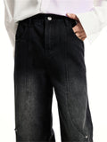 FOESCE 2025 Relay's new Korean version of loose fitting straight mid rise denim jeans with stitching and buckle design for men and