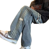 FOESCE Three bar American retro jeans men's spring and autumn new style high street elastic waist loose casual men's straight leg long