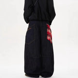 FOESCE Scottish Plaid Splicing Arc Wide Baggy Jeans Y2k Spring and Autumn New Streetwear Washed Oversized Straight Wide Leg Jeans 2025