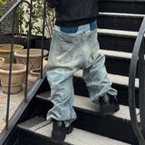 FOESCE  Double-layer Double Waist Patchwork Baggy Jeans for Men and Women Straight Casual Loose Denim Trousers Oversized