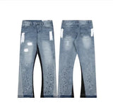 FOESCE European and American high street men's washed jeans retro personalized straight-leg splicing flared pants trendy denim trousers
