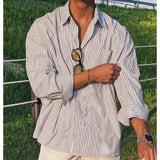 Men's Blue Vertical Striped Long-Sleeved Shirt, Korean Style High Quality Casual  Shirt Coat， Travel ，Hiking  Shirt Coat