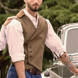 FOESCE Men's 5 Button Herringbone Tweed Waistcoat Tailored Collar Suit Vest