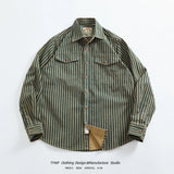 FOESCE Retro Waed Distred Blue Vertical Stripes Trendy Men's Long Sve Denim irt Loose American Sle Workwear Jaet