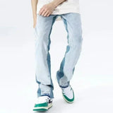 FOESCE European and American high street men's washed jeans retro personalized straight-leg splicing flared pants trendy denim trousers