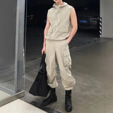 FOESCE Mens Y2k Functional Multi-Pocket Casual Hooded Vest 2025 New Genderless Fashion Loose Solid Color Sleeveless Tank Top Unisex