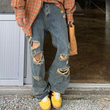 FOESCE American vibe style pants, high street trendy brand, yellow mud dyed washed distressed jeans, men's retro street wide leg long p