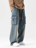 FOESCE 2025 Autumn New Men's Cargo Jeans Big Size 8XL 7XL 6XL String Banding Cotton Wide Leg Denim Pants Straight Baggy Jean Trousers