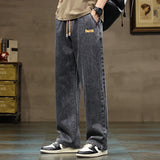 FOESCE Men Straight Leg Blue Gray Loose Y2K Drawstring Jeans Streetwear Casual Wide Denim Pants Male Baggy Stylish Harajuku Trousers
