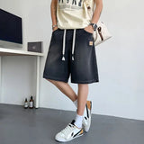 FOESCE Summer New Casual Wide Denim Shorts Men's Baggy Fashion Elastic Waist Drawstring Straight Short Jeans StreetWear men clothing