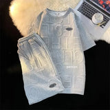 Casual Sports Suit For Men Women Preppy Plaid Short Sleeve Tops Loose Fit Letter Print Shorts Two-piece Summer Set