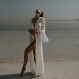 FOESCE Irregular Ruffles Dress Women's Chic V Neck Long Sleeve Lace Up Beach Dress Summer 2025 Fashion Lady Vacation Cover Up