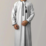 FOESCE New Muslim Men Long Sleeve Pullover Dress Abaya Daffah Jubba Thobe Pakistan Saudi Arab Kaftan Islam Clothing Prayer Robe Afghan