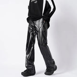 FOESCE Autumn Winter Men's Leather Motorcycle Pants Black Punk PU Pants Men Women Straight Mopping Trousers Streetwear Waterproof