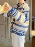 Vintage Cardigan Sweater Men Blue Long Sleeve Striped Sweater Coat V-neck Casual Knitted Jumpers Male Korean Clothes