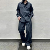 FOESCE Mens Casual Shirt Wide-Leg Pants Suit 2025 New Genderless Fashion Trend Vacation Solid Color Loose Simple Two-Piece Set Unisex