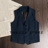 FOESCE Men's Retro Herringbone Pattern Vest Men's Suit Collar Vest Slim-fit Tweed Vest Wedding Vest Men