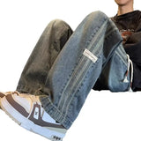 FOESCE Three bar American retro jeans men's spring and autumn new style high street elastic waist loose casual men's straight leg long